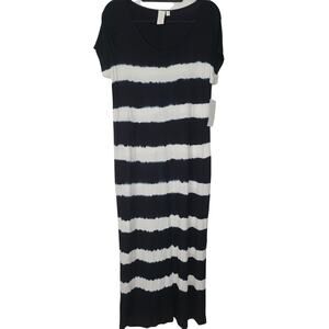 Adyp Maxi Dress Large Womens Black White Striped Short Sleeve Pullover NWT